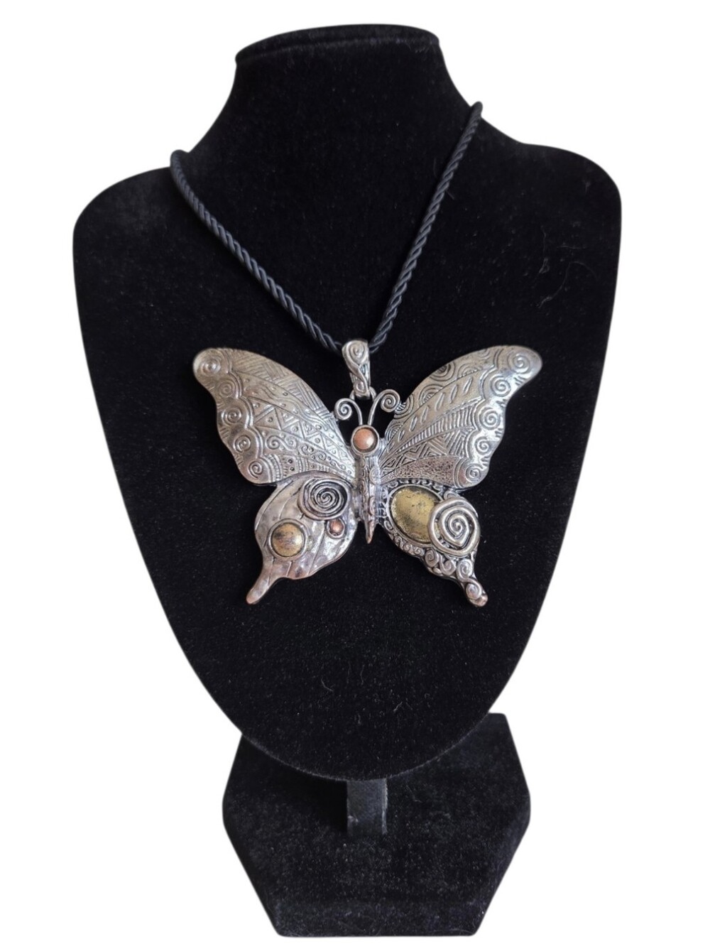 huge oversized butterfly pendant necklace mixed metal etched spiral cord 20"